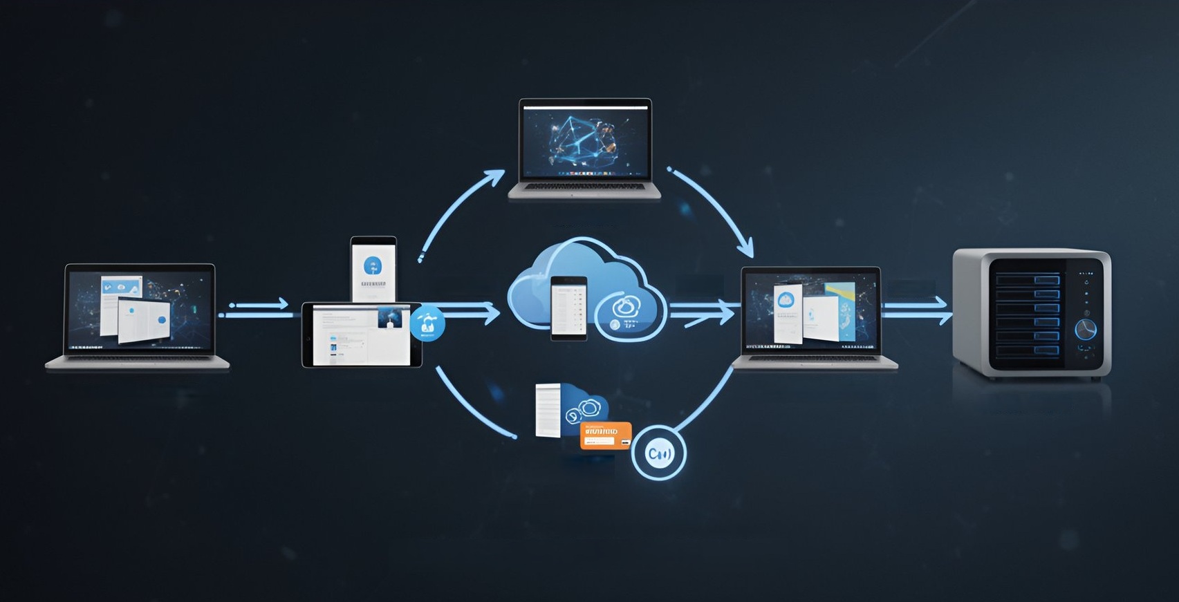 Diagram illustrating a local-first file sharing workflow with multiple devices connected peer-to-peer and optionally to a private NAS, emphasizing secure, cloud-independent data storage.